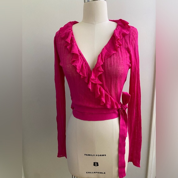 Anthropologie Maeve Linen Ruffled Wrap Cardigan Sweater size M pink new nwt - Picture 6 of 7